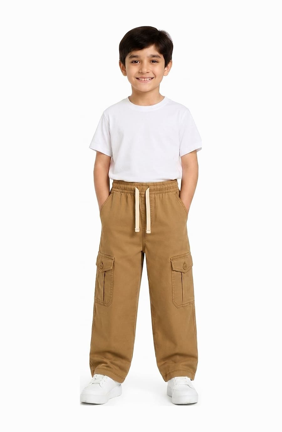 Kids' caramel cotton cargo trouser, worn by a child — The Kids Cargo Trouser, Pakistan