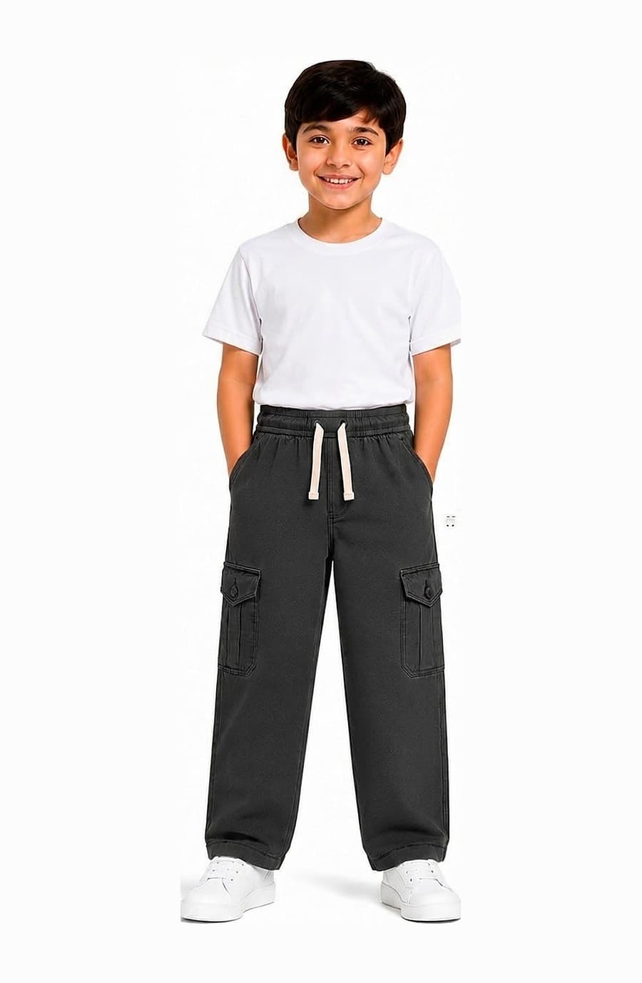 Kids' charcoal cotton cargo trouser, worn by a child — The Kids Cargo Trouser, Pakistan
