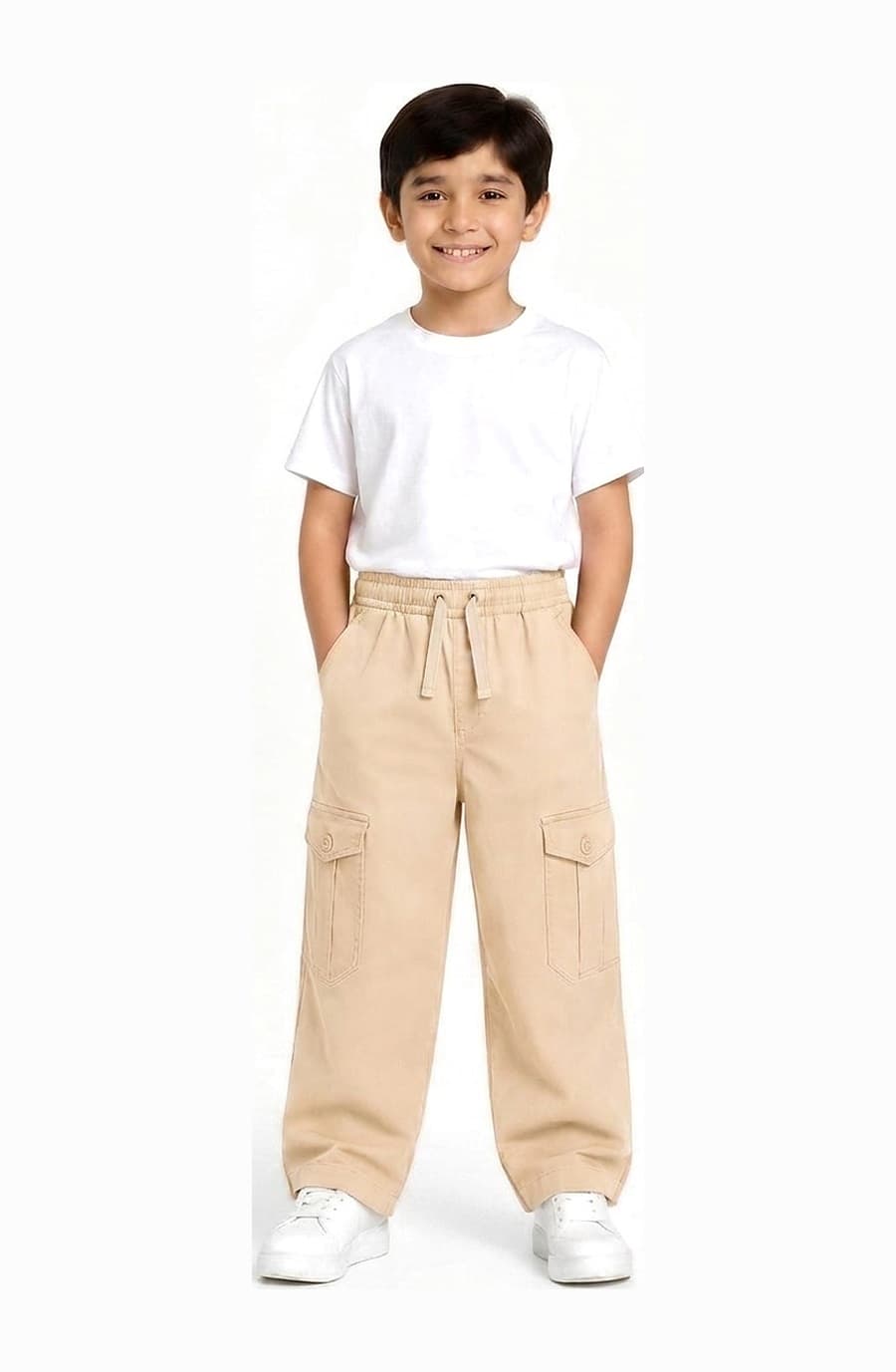 Kids' cream cotton cargo trouser, worn by a child — The Kids Cargo Trouser, Pakistan