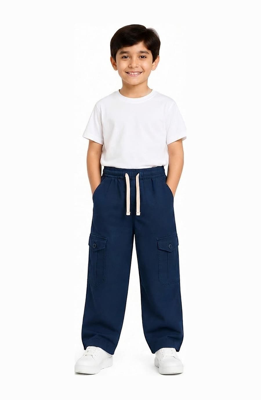 Kids' navy blue cotton cargo trouser, worn by a child — The Kids Cargo Trouser, Pakistan