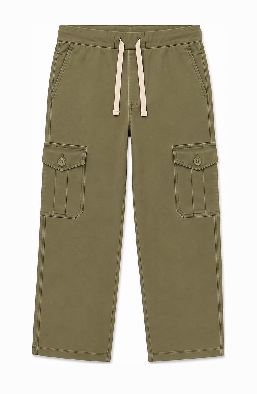 Kids' olive green cotton cargo trouser, front view — The Kids Cargo Trouser, Pakistan