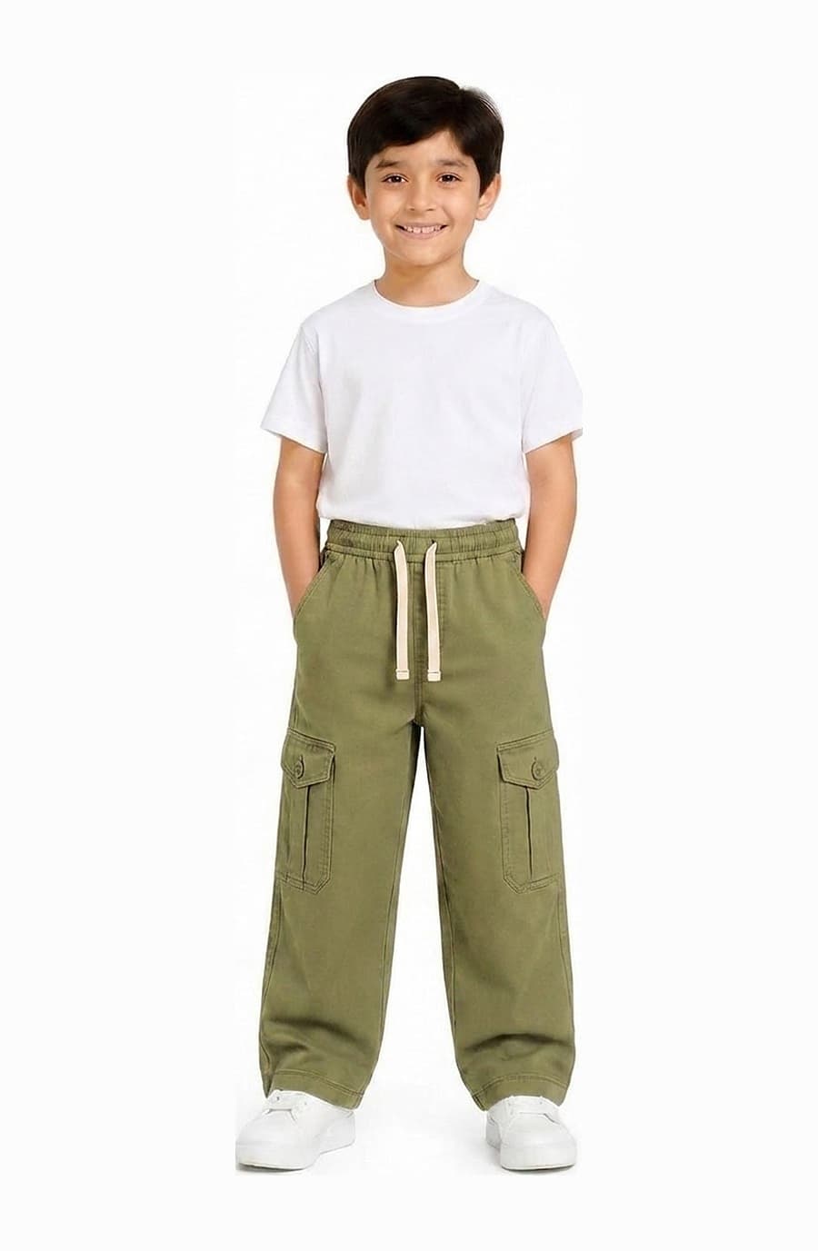 Kids' olive green cotton cargo trouser, worn by a child — The Kids Cargo Trouser, Pakistan