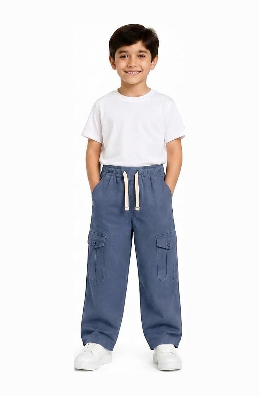 Kids' steel blue cotton cargo trouser, worn by a child — The Kids Cargo Trouser, Pakistan