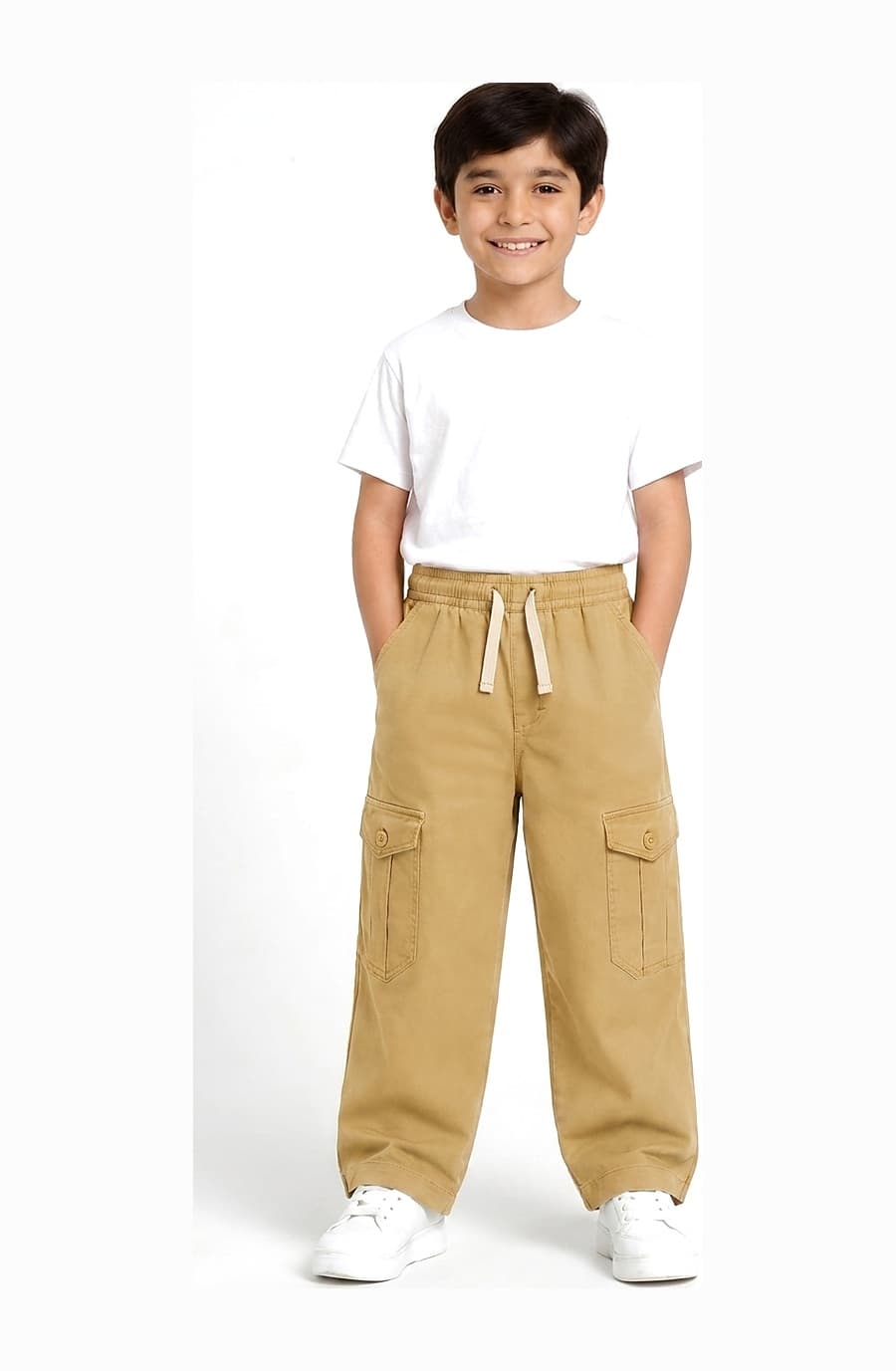 Kids' tan cotton cargo trouser, worn by a child — The Kids Cargo Trouser, Pakistan